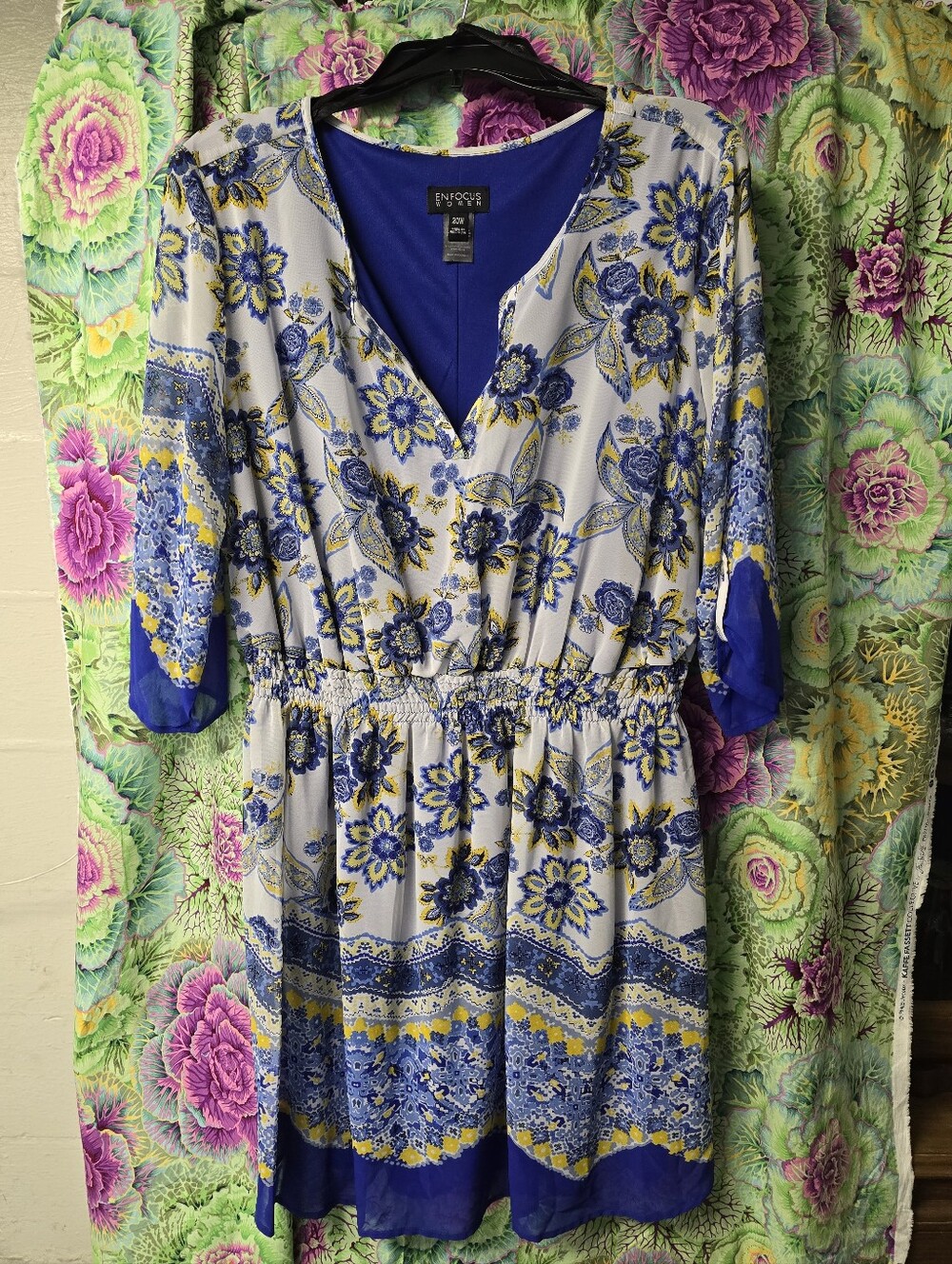 Enfocus Studio Blue, White and Yellow Floral Print Mini Dress
